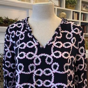 Navy with pink and white detailing women’s V-Neck blouse. Crown & Ivy, Medium